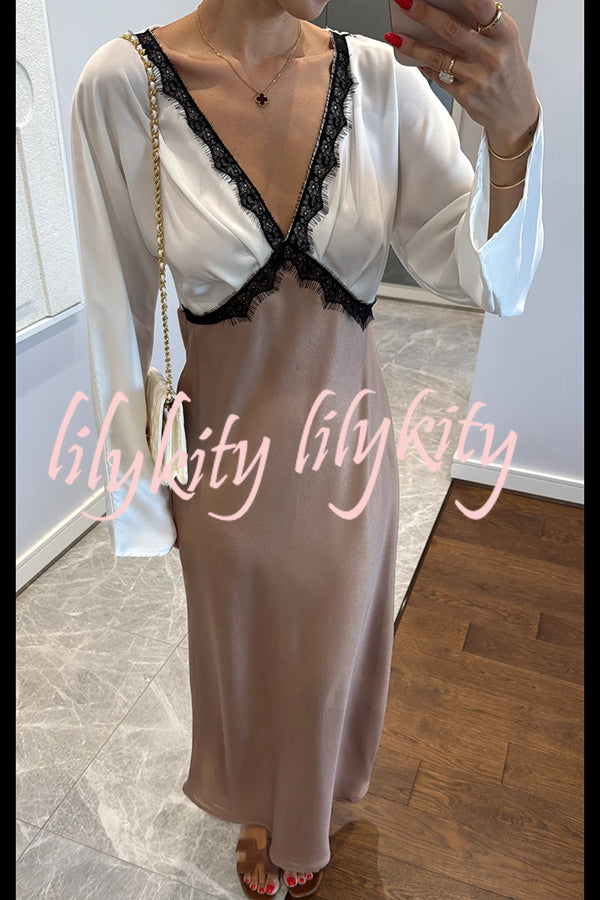 Lainei Contrast Color Satin Lace Trim V-neck Long Sleeve Maxi Dress