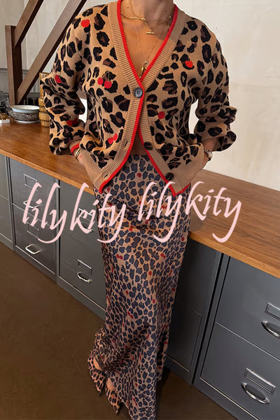Perfect for Winter Leopard Cherry Print Satin Elastic Waist Draped Maxi Dress
