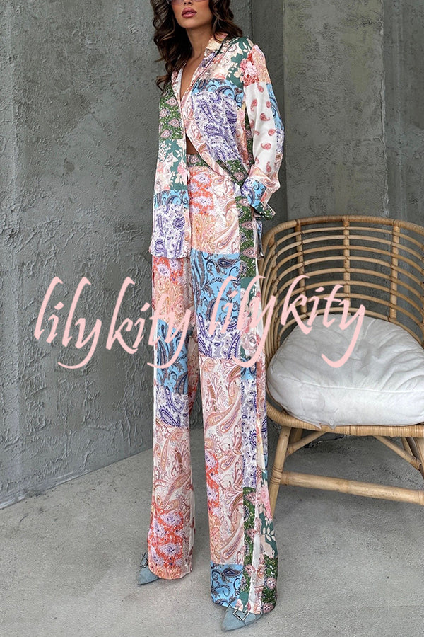 Unique Ethnic Print Long-sleeved Shirt and Elastic Waist Pants Set