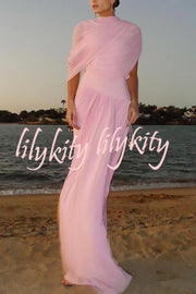 Elegant Mesh Cape-style Pleated Draped Maxi Dress