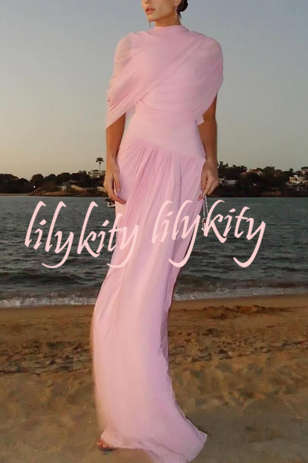 Elegant Mesh Cape-style Pleated Draped Maxi Dress