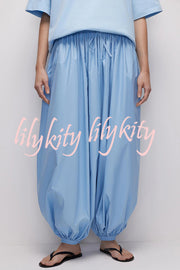 Solid Color Casual Pocket Elastic Waist Lantern Wide Leg Pants