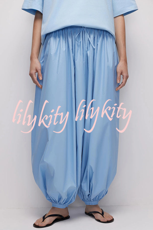 Solid Color Casual Pocket Elastic Waist Lantern Wide Leg Pants