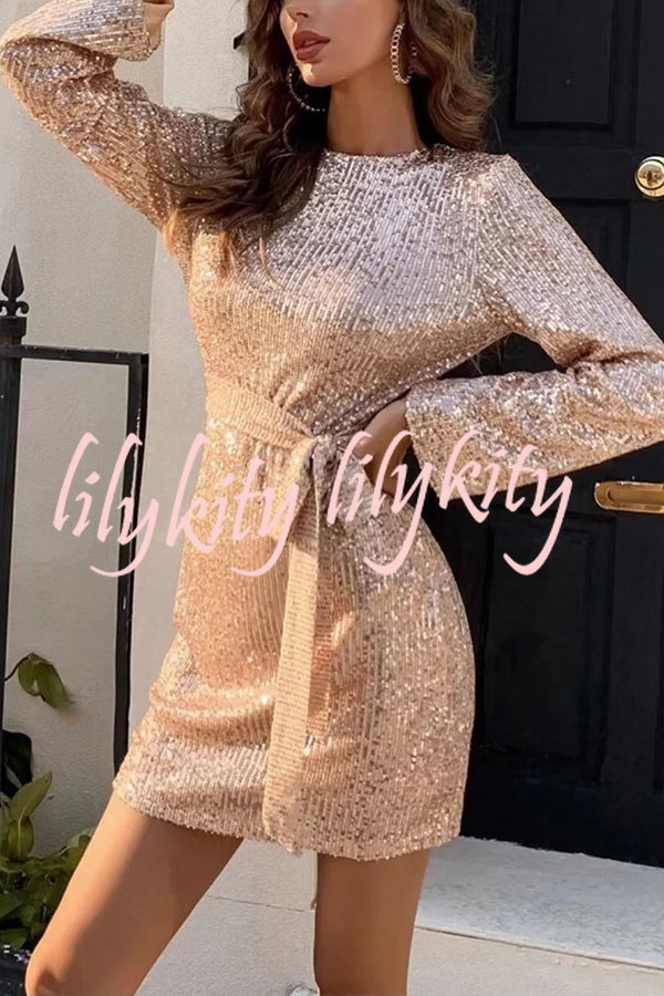 Fashion Sequined Tie Waist Slim Backless Mini Dress