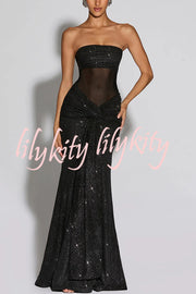Paula Sequined Mesh and Jersey Off Shoulder Ruched Knot Drape Shawl Maxi Dress