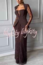 Belle Contrast Sheer Lace Fabric Patchwork Square Neck Long Sleeve Drape Maxi Dress