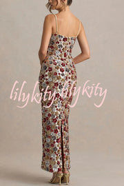 The Center of Attention Floral Print Sequin Square Neck Slip Stretch Maxi Dress