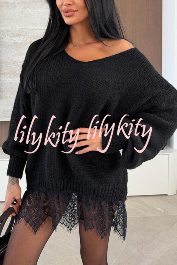 Comfy and Sweet Knit Lace Patchwork Hem Wide Neck Long Sleeve Loose Sweater
