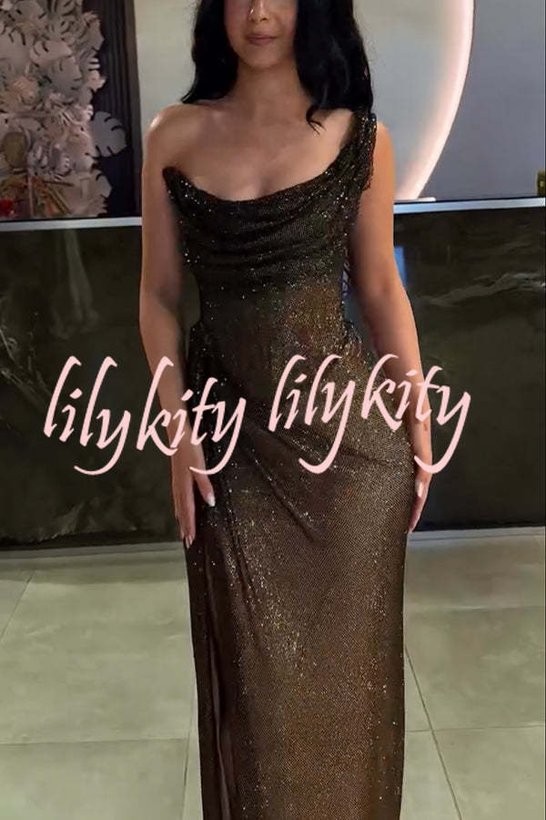 Glitzy Gala Glitter Fabric One Shoulder Ruched Slit Maxi Dress