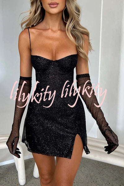 Glow At Night Glitter Fabric Slip Slit Mini Dress with Mesh Gloves