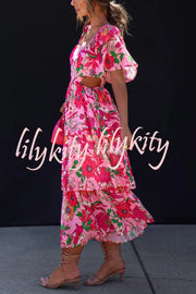 It's All Special Floral Cutout Waist Tiered Midi Dress