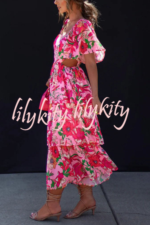 It's All Special Floral Cutout Waist Tiered Midi Dress