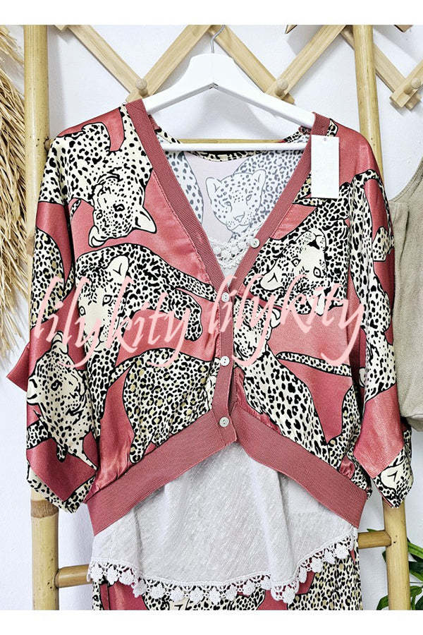 Abbie Satin Tiger Print Bat Wide Sleeve Button Loose Coat