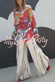 Ellah Satin Rainbow Stripe Print Drawstring Elastic Waist Pocket Wide Leg Pants