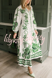 Forest Soul Unique Print Button Down Long Sleeve Shirt Maxi Dress