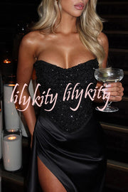 Amazing Dream Sequin Satin Patchwork Off Shoulder Ruffles Drape Slit Maxi Dress