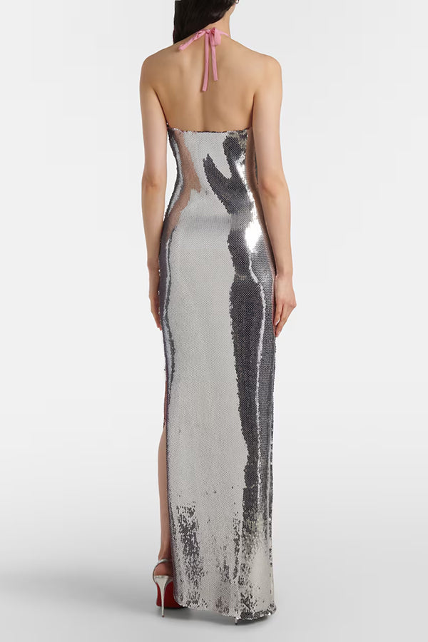 Moonlit Blooms Sequin Floral-appliqué Halter Neck Slit Gown Maxi Dress