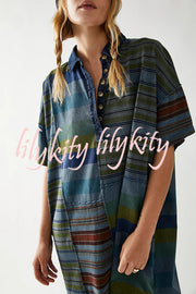 Contrast Striped Patchwork Denim Lapel Loose Casual Mini Dress