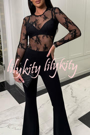 Elegant Sexy Touch Lace Mesh Long Sleeve Stretch Bodysuit