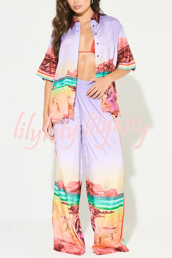 Lilac Sunrise Unique Print Short Sleeve Loose Shirt and Elastic Waist Pocket Pants Set