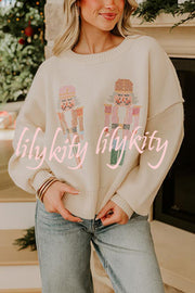 Nutcracker Nights Cross Stitch Knit Long Sleeve Loose Sweater