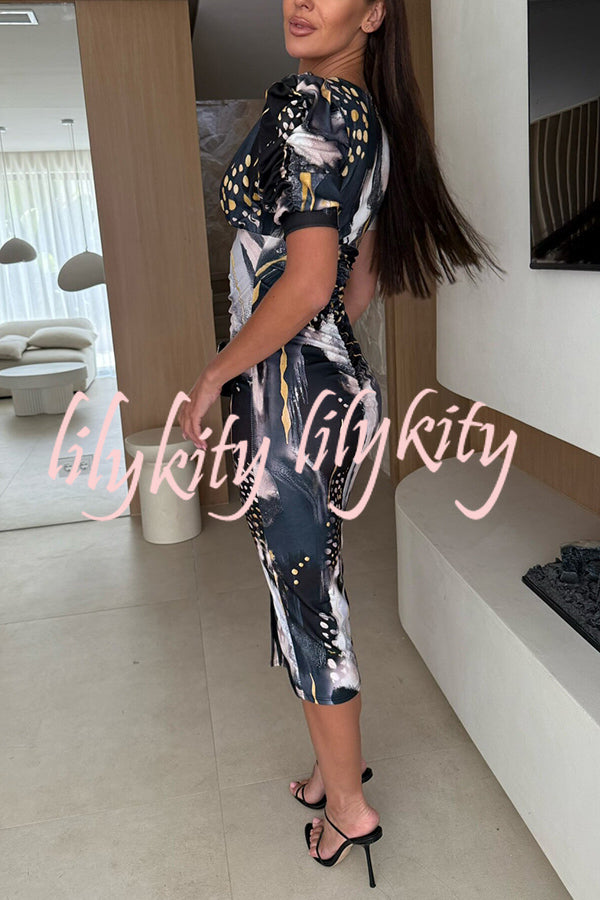 Unique Print V-Neck Puff Sleeve Slit Slim Midi Dress
