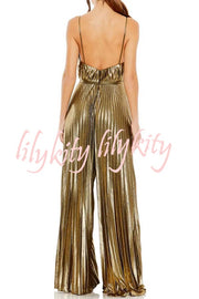 Disco Fashion Metallic Fabric Pleated Pocket Slip Wide Leg Jumpsuit