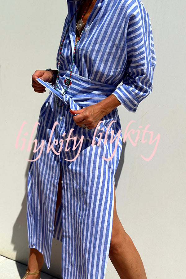 Summer Splendor Printed Button Half Sleeve Belt Loose Shirt Midi Dress