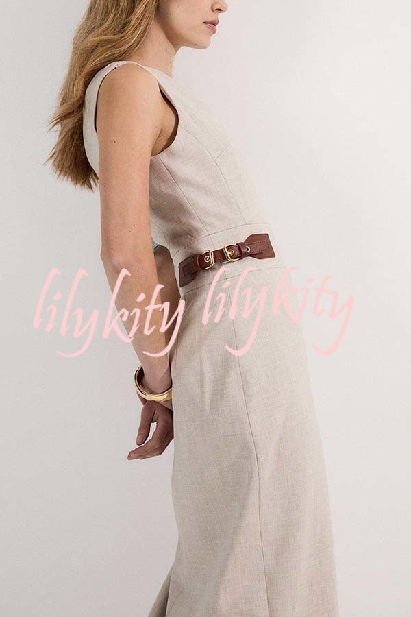 Workwear Day Contrast Color Belt Buckle Detail Slit Pencil Midi Dress