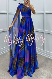 Lucia Unique Print Floral Detail One Shoulder Draped Sleeve Gown Maxi Dress