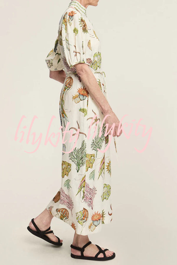 Deep Sea Dreaming Linen Blend Unique Print Puff Sleeve Lace-up Pocketed Midi Dress