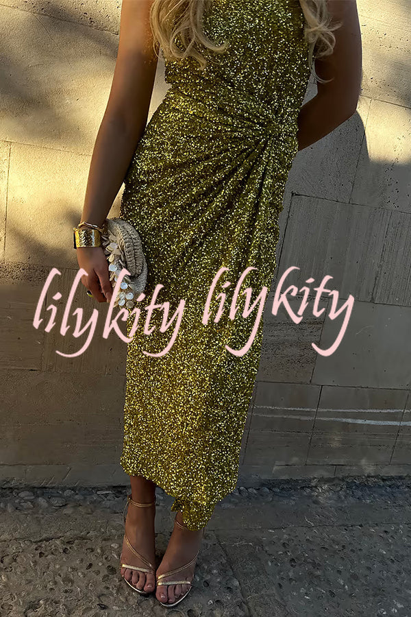 Disco Dancing Queen Sequin Wrap Tie-up Slit Midi Skirt