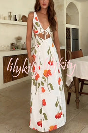 Eliska Linen Blend Poppy Print Cutout Contrast Trim A-line Maxi Dress