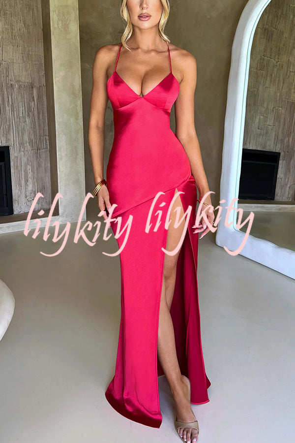 Satin Solid Color Sexy Backless Lace Up High Slit Maxi Dress