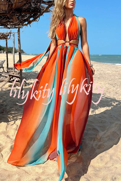 Variety of Styles Tulle Printed Ring Hollow Design Slit Vacation Maxi Dress