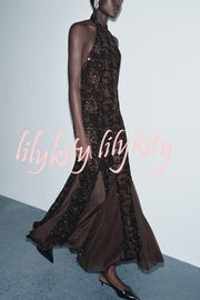 Twilight Gleam Sequin Textured Tulle Hem Halter Backless Maxi Dress