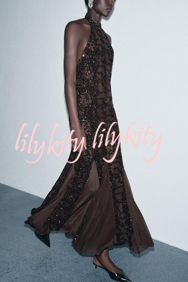 Twilight Gleam Sequin Textured Tulle Hem Halter Backless Maxi Dress
