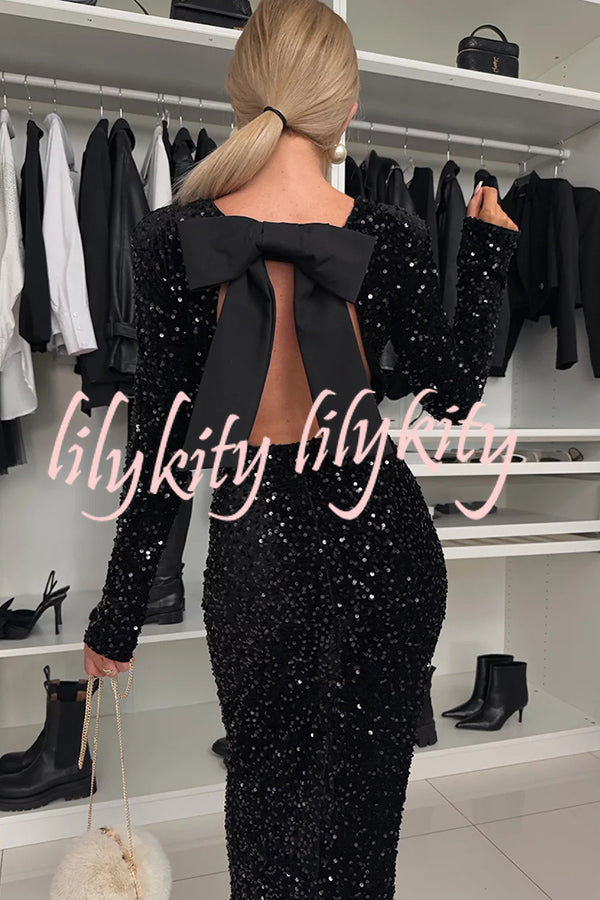 My Space Velvet Sequin Long Sleeve Open Back Bow Detail Stretch Maxi Dress