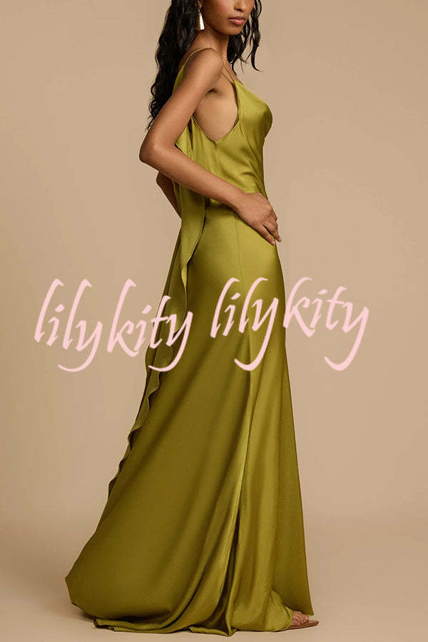 Evening Date Satin Cowl Neck Drape Ruffle Backless Bias Cut Party Maxi Dress