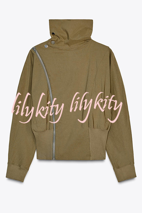 Fashionable High-neck Long-sleeved Zippered Simple Jacket