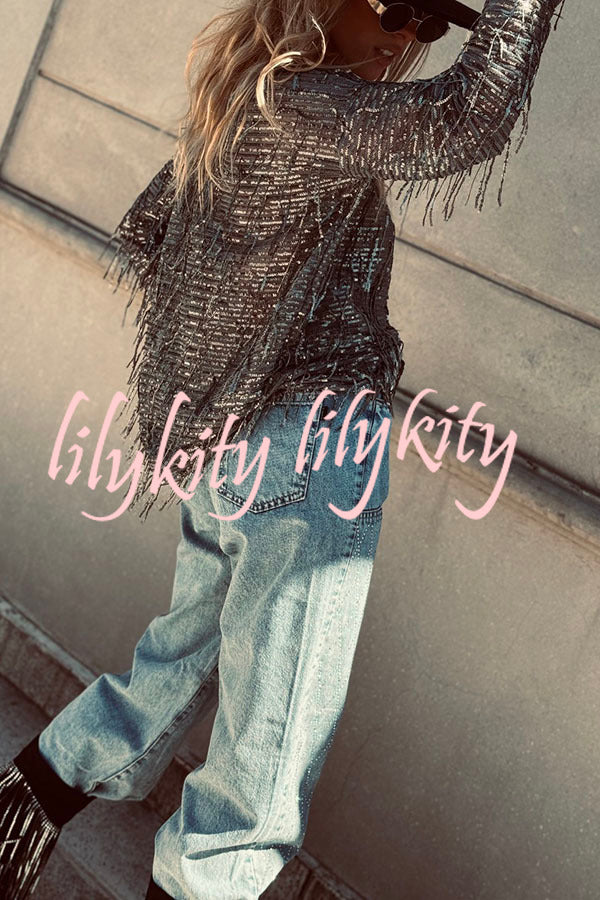 Party Crasher Sequin Tassle Fabric Long Sleeve Loose Top