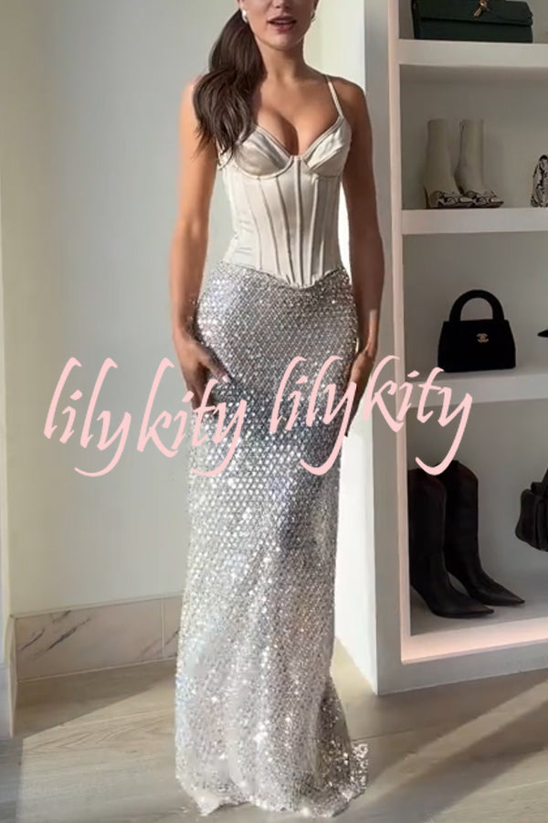 The Great Gatsby Embellished Sequin Mid Rise Flare Maxi Skirt