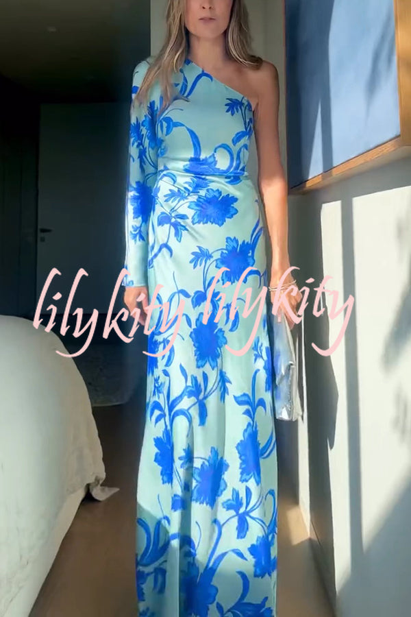 Satin Botanical Print One-Sleeve Resort Maxi Dress