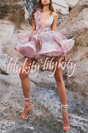 Floral Print V-neck Halter Back Tie Double Layer Mini Dress