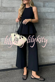 Solid Color Round Neck Sleeveless Casual Top and Loose Straight Pants Set