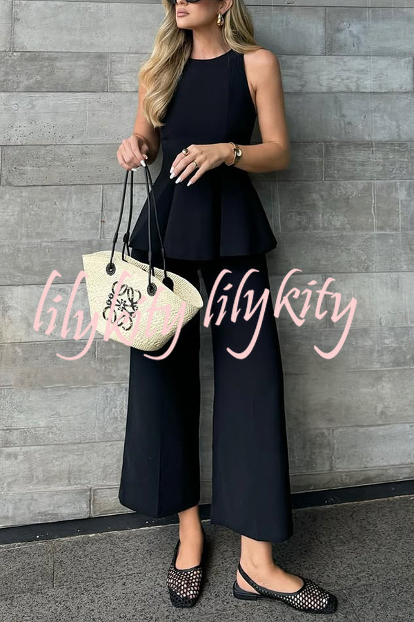 Solid Color Round Neck Sleeveless Casual Top and Loose Straight Pants Set
