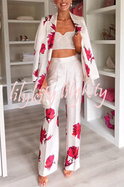 Special Attendance Satin Floral Print High Rise Elastic Waist Pocket Pants