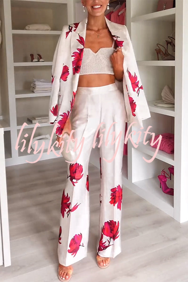 Special Attendance Satin Floral Print High Rise Elastic Waist Pocket Pants