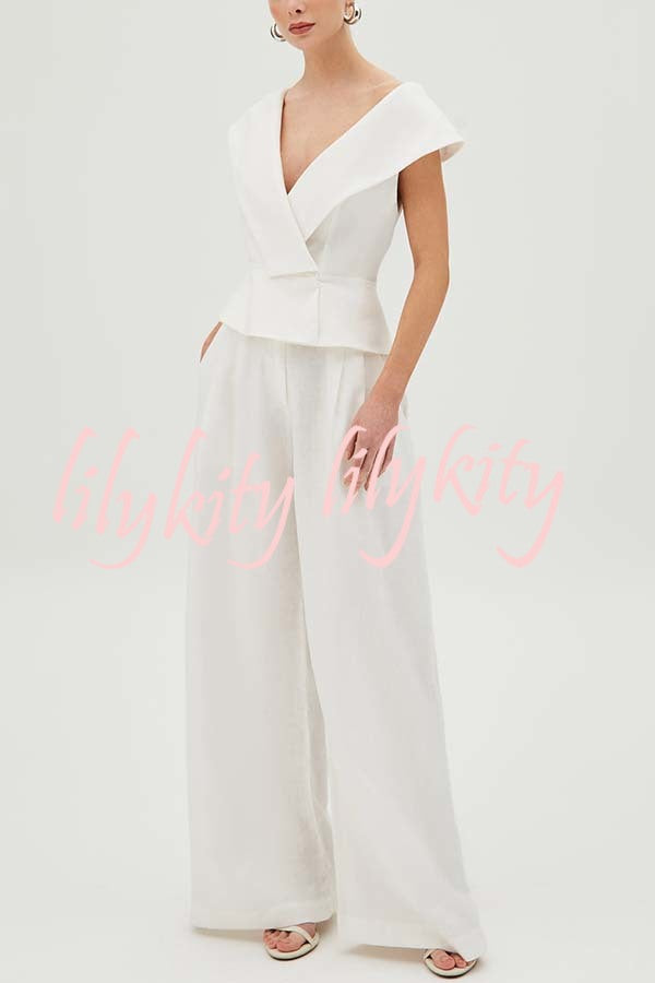 Velena Linen Blend Button Up Lapel Top and High Rise Pocket Wide Leg Pants Set