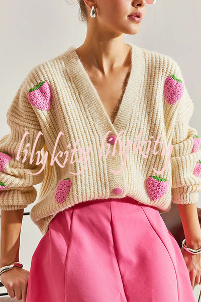 Stylish and Sweet V-neck Strawberry Embellished Knitted Cardigan